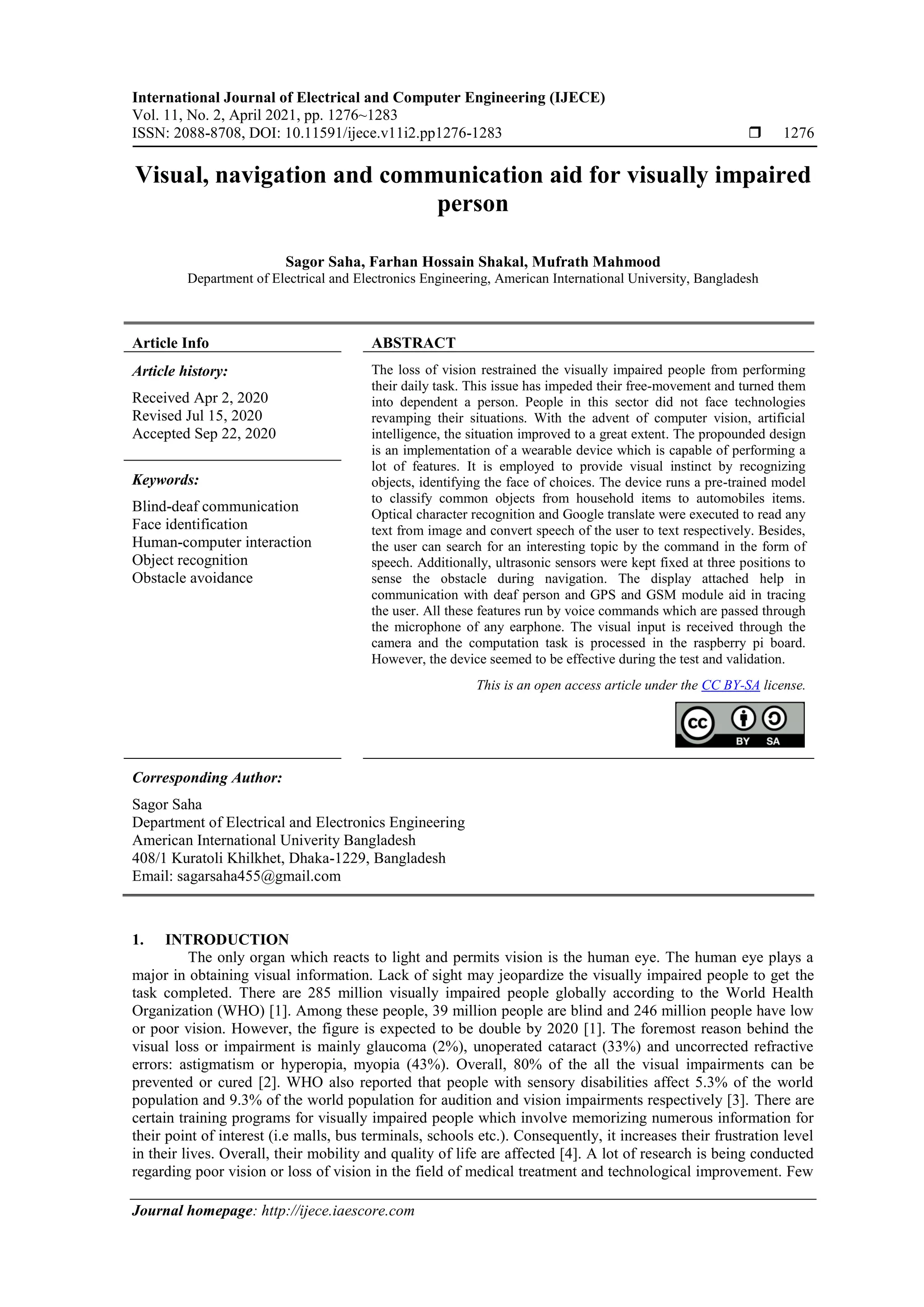 Visual, navigation and communication aid for visually impaired person | PDF