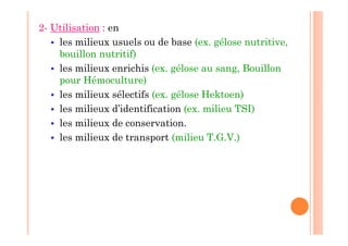 2- Utilisation : en
 les milieux usuels ou de base (ex. gélose nutritive,
bouillon nutritif)
 les milieux enrichis (ex. gélose au sang, Bouillon
pour Hémoculture)
 les milieux sélectifs (ex. gélose Hektoen)
 les milieux d’identification (ex. milieu TSI)
 les milieux de conservation.
 les milieux de transport (milieu T.G.V.)
 