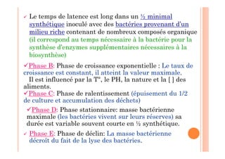  Le temps de latence est long dans un ½ minimal
synthétique inoculé avec des bactéries provenant d’un
milieu riche contenant de nombreux composés organique
(il correspond au temps nécessaire à la bactérie pour la
synthèse d’enzymes supplémentaires nécessaires à la
biosynthèse)
Phase B: Phase de croissance exponentielle : Le taux de
croissance est constant, il atteint la valeur maximale.
Il est influencé par la T°, le PH, la nature et la [ ] des
aliments.
Phase C: Phase de ralentissement (épuisement du 1/2
de culture et accumulation des déchets)
Phase D: Phase stationnaire: masse bactérienne
maximale (les bactéries vivent sur leurs réserves) sa
durée est variable souvent courte en ½ synthétique.
 Phase E: Phase de déclin: La masse bactérienne
décroît du fait de la lyse des bactéries.
 