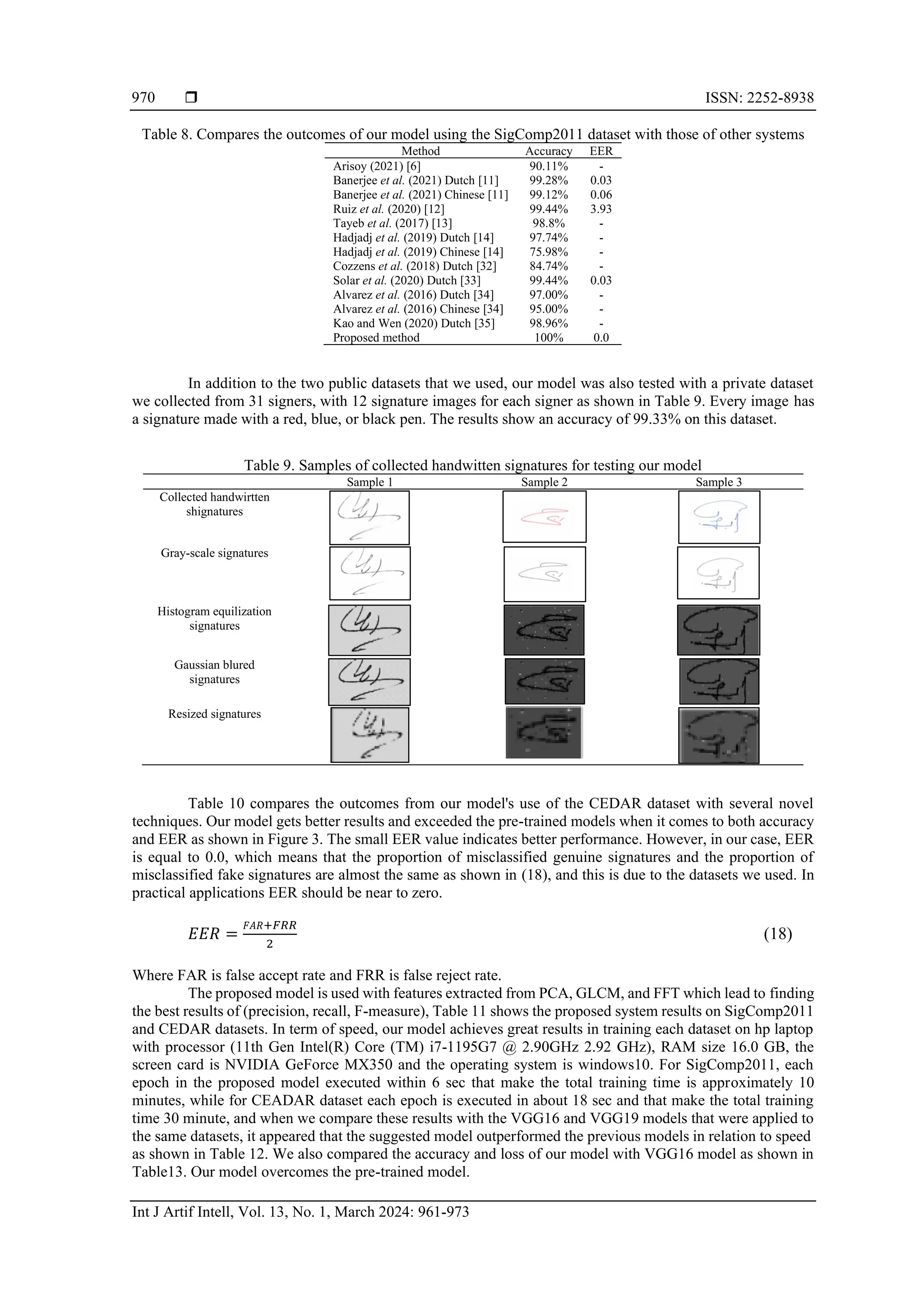 ISSN: 2252-8938
Int J Artif Intell, Vol. 13, No. 1, March 2024: 961-973
970
Table 8. Compares the outcomes of our model using the SigComp2011 dataset with those of other systems
Method Accuracy EER
Arisoy (2021) [6] 90.11% -
Banerjee et al. (2021) Dutch [11]
Banerjee et al. (2021) Chinese [11]
99.28%
99.12%
0.03
0.06
Ruiz et al. (2020) [12] 99.44% 3.93
Tayeb et al. (2017) [13] 98.8% -
Hadjadj et al. (2019) Dutch [14]
Hadjadj et al. (2019) Chinese [14]
97.74%
75.98%
-
-
Cozzens et al. (2018) Dutch [32] 84.74% -
Solar et al. (2020) Dutch [33] 99.44% 0.03
Alvarez et al. (2016) Dutch [34]
Alvarez et al. (2016) Chinese [34]
97.00%
95.00%
-
-
Kao and Wen (2020) Dutch [35] 98.96% -
Proposed method 100% 0.0
In addition to the two public datasets that we used, our model was also tested with a private dataset
we collected from 31 signers, with 12 signature images for each signer as shown in Table 9. Every image has
a signature made with a red, blue, or black pen. The results show an accuracy of 99.33% on this dataset.
Table 9. Samples of collected handwitten signatures for testing our model
Sample 1 Sample 2 Sample 3
Collected handwirtten
shignatures
Gray-scale signatures
Histogram equilization
signatures
Gaussian blured
signatures
Resized signatures
Table 10 compares the outcomes from our model's use of the CEDAR dataset with several novel
techniques. Our model gets better results and exceeded the pre-trained models when it comes to both accuracy
and EER as shown in Figure 3. The small EER value indicates better performance. However, in our case, EER
is equal to 0.0, which means that the proportion of misclassified genuine signatures and the proportion of
misclassified fake signatures are almost the same as shown in (18), and this is due to the datasets we used. In
practical applications EER should be near to zero.
𝐸𝐸𝑅 =
𝐹𝐴𝑅+𝐹𝑅𝑅
2
(18)
Where FAR is false accept rate and FRR is false reject rate.
The proposed model is used with features extracted from PCA, GLCM, and FFT which lead to finding
the best results of (precision, recall, F-measure), Table 11 shows the proposed system results on SigComp2011
and CEDAR datasets. In term of speed, our model achieves great results in training each dataset on hp laptop
with processor (11th Gen Intel(R) Core (TM) i7-1195G7 @ 2.90GHz 2.92 GHz), RAM size 16.0 GB, the
screen card is NVIDIA GeForce MX350 and the operating system is windows10. For SigComp2011, each
epoch in the proposed model executed within 6 sec that make the total training time is approximately 10
minutes, while for CEADAR dataset each epoch is executed in about 18 sec and that make the total training
time 30 minute, and when we compare these results with the VGG16 and VGG19 models that were applied to
the same datasets, it appeared that the suggested model outperformed the previous models in relation to speed
as shown in Table 12. We also compared the accuracy and loss of our model with VGG16 model as shown in
Table13. Our model overcomes the pre-trained model.
 