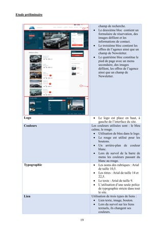 Etude préliminaire
19
champ de recherche.
 Le deuxième bloc contient un
formulaire de réservation, des
images défilent et les
informations de contact.
 Le troisième bloc contient les
offres de l’agence ainsi que un
champ de Newsletter.
 Le quatrième bloc constitue le
pied de page avec un menu
secondaire, des images
défilent, les offres de l’agence
ainsi que un champ de
Newsletter.
Logo  Le logo est place en haut, à
gauche de l’interface du site.
Couleurs Les couleurs utilisées sont : le bleu
calme, le rouge.
 Utilisation de bleu dans le logo.
 Le rouge est utilisé pour les
boutons.
 Un arrière-plan de couleur
blanc.
 Lors de survol de la barre de
menu les couleurs passant du
blanc au rouge.
Typographie  Les noms des rubriques : Arial
de taille 10,5.
 Les titres : Arial de taille 14 et
22,5.
 Le texte : Arial de taille 9.
 L’utilisation d’une seule police
de typographie stricte dans tout
le site.
Lien Utilisation de trois types de liens :
 Lien texte, image, bouton.
 Lors du survol sur les liens
textuels, ils changent ses
couleurs.
 