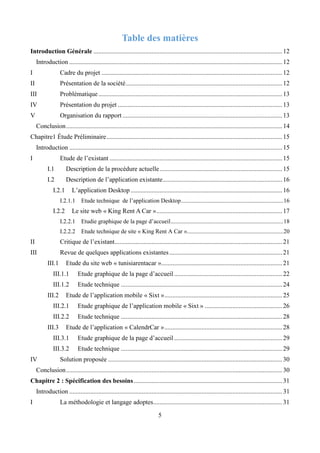 5
Table des matières
Introduction Générale .....................................................................................................................12
Introduction ....................................................................................................................................12
I Cadre du projet ................................................................................................................12
II Présentation de la société.................................................................................................12
III Problématique..................................................................................................................13
IV Présentation du projet ......................................................................................................13
V Organisation du rapport ...................................................................................................13
Conclusion......................................................................................................................................14
Chapitre1 Étude Préliminaire.............................................................................................................15
Introduction ....................................................................................................................................15
I Etude de l’existant ...........................................................................................................15
I.1 Description de la procédure actuelle............................................................................15
I.2 Description de l’application existante..........................................................................16
I.2.1 L’application Desktop ..............................................................................................16
I.2.1.1 Etude technique de l’application Desktop.....................................................................16
I.2.2 Le site web « King Rent A Car »..............................................................................17
I.2.2.1 Etudie graphique de la page d’accueil............................................................................18
I.2.2.2 Etude technique de site « King Rent A Car ».................................................................20
II Critique de l’existant........................................................................................................21
III Revue de quelques applications existantes......................................................................21
III.1 Etude du site web « tunisiarentacar »...........................................................................21
III.1.1 Etude graphique de la page d’accueil ...................................................................22
III.1.2 Etude technique ....................................................................................................24
III.2 Etude de l’application mobile « Sixt ».........................................................................25
III.2.1 Etude graphique de l’application mobile « Sixt » ................................................26
III.2.2 Etude technique ....................................................................................................28
III.3 Etude de l’application « CalendrCar ».........................................................................28
III.3.1 Etude graphique de la page d’accueil ...................................................................29
III.3.2 Etude technique ....................................................................................................29
IV Solution proposée ............................................................................................................30
Conclusion......................................................................................................................................30
Chapitre 2 : Spécification des besoins............................................................................................31
Introduction ....................................................................................................................................31
I La méthodologie et langage adoptes................................................................................31
 