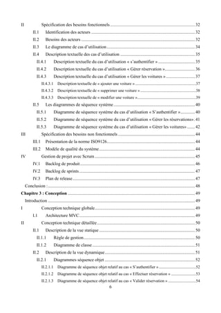 6
II Spécification des besoins fonctionnels ............................................................................32
II.1 Identification des acteurs .............................................................................................32
II.2 Besoins des acteurs ......................................................................................................32
II.3 Le diagramme de cas d’utilisation ...............................................................................34
II.4 Description textuelle des cas d’utilisation ...................................................................35
II.4.1 Description textuelle du cas d’utilisation « s’authentifier ».................................35
II.4.2 Description textuelle du cas d’utilisation « Gérer réservation »...........................36
II.4.3 Description textuelle du cas d’utilisation « Gérer les voitures »..........................37
II.4.3.1 Description textuelle de « ajouter une voiture » ...........................................................37
II.4.3.2 Description textuelle de « supprimer une voiture » ......................................................38
II.4.3.3 Description textuelle de « modifier une voiture ».........................................................39
II.5 Les diagrammes de séquence système.........................................................................40
II.5.1 Diagramme de séquence système du cas d’utilisation « S’authentifier ».............40
II.5.2 Diagramme de séquence système du cas d’utilisation « Gérer les réservations».41
II.5.3 Diagramme de séquence système du cas d’utilisation « Gérer les voitures» .......42
III Spécification des besoins non fonctionnels .....................................................................44
III.1 Présentation de la norme ISO9126...............................................................................44
III.2 Modèle de qualité du système......................................................................................44
IV Gestion de projet avec Scrum..........................................................................................45
IV.1 Backlog de produit.......................................................................................................46
IV.2 Backlog de sprints........................................................................................................47
IV.3 Plan de release..............................................................................................................47
Conclusion :....................................................................................................................................48
Chapitre 3 : Conception ..................................................................................................................49
Introduction ....................................................................................................................................49
I Conception technique globale..........................................................................................49
I.1 Architecture MVC........................................................................................................49
II Conception technique détaillée........................................................................................50
II.1 Description de la vue statique ......................................................................................50
II.1.1 Règle de gestion....................................................................................................50
II.1.2 Diagramme de classe ............................................................................................51
II.2 Description de la vue dynamique.................................................................................51
II.2.1 Diagrammes séquence objet .................................................................................52
II.2.1.1 Diagramme de séquence objet relatif au cas « S’authentifier »....................................52
II.2.1.2 Diagramme de séquence objet relatif au cas « Effectuer réservation » ........................53
II.2.1.3 Diagramme de séquence objet relatif au cas « Valider réservation » ...........................54
 