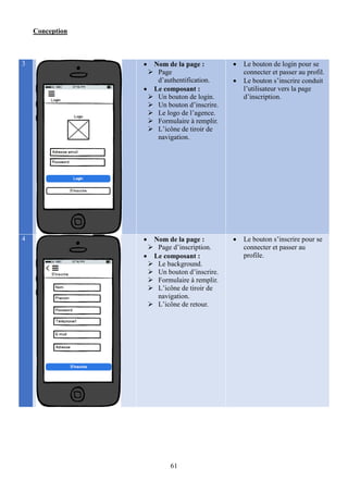 Conception
61
3  Nom de la page :
 Page
d’authentification.
 Le composant :
 Un bouton de login.
 Un bouton d’inscrire.
 Le logo de l’agence.
 Formulaire à remplir.
 L’icône de tiroir de
navigation.
 Le bouton de login pour se
connecter et passer au profil.
 Le bouton s’inscrire conduit
l’utilisateur vers la page
d’inscription.
4  Nom de la page :
 Page d’inscription.
 Le composant :
 Le background.
 Un bouton d’inscrire.
 Formulaire à remplir.
 L’icône de tiroir de
navigation.
 L’icône de retour.
 Le bouton s’inscrire pour se
connecter et passer au
profile.
 