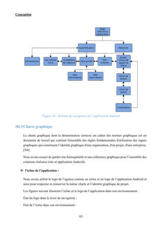Conception
65
Figure 24 : Schéma de navigation de l’application Android
III.3Charte graphique
La charte graphique dont la dénomination correcte est cahier des normes graphiques est un
document de travail qui contient l'ensemble des règles fondamentales d'utilisation des signes
graphiques qui constituent l’identité graphique d'une organisation, d'un projet, d'une entreprise.
[N4]
Nous avons essayé de garder une homogénéité et une cohérence graphique pour l’ensemble des
créations réalisées (site et application Android).
 l’icône de l’application :
Nous avons utilisé le logo de l’agence comme un icône et un logo de l’application Android et
ainsi pour respecter et conserver la même charte et l’identité graphique de projet.
Les figures suivant illustrent l’icône et le logo de l’application dans son environnement :
État du logo dans le tiroir de navigation :
Etat de l’icône dans son environnement :
 