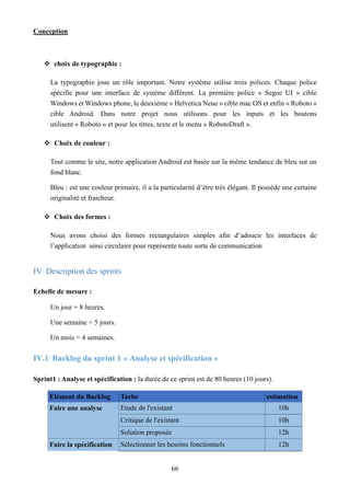 Conception
66
 choix de typographie :
La typographie joue un rôle important. Notre système utilise trois polices. Chaque police
spécifie pour une interface de système différent. La première police « Segoe UI » cible
Windows et Windows phone, le deuxième « Helvetica Neue » cible mac OS et enfin « Roboto »
cible Android. Dans notre projet nous utilisons pour les inputs et les boutons
utilisent « Roboto » et pour les titres, texte et le menu « RobotoDraft ».
 Choix de couleur :
Tout comme le site, notre application Android est basée sur la même tendance de bleu sur un
fond blanc.
Bleu : est une couleur primaire, il a la particularité d’être très élégant. Il possède une certaine
originalité et fraicheur.
 Choix des formes :
Nous avons choisi des formes rectangulaires simples afin d’adoucir les interfaces de
l’application ainsi circulaire pour représente toute sorte de communication
IV Description des sprints
Echelle de mesure :
Un jour = 8 heures.
Une semaine = 5 jours.
Un mois = 4 semaines.
IV.1 Backlog du sprint 1 « Analyse et spécification »
Sprint1 : Analyse et spécification : la durée de ce sprint est de 80 heures (10 jours).
Elément du Backlog Tache estimation
Faire une analyse Etude de l'existant 10h
Critique de l'existant 10h
Solution proposée 12h
Faire la spécification Sélectionner les besoins fonctionnels 12h
 