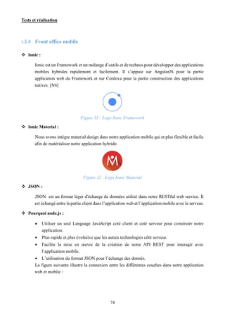 Tests et réalisation
74
I.3.4 Front office mobile
 Ionic :
Ionic est un Framework et un mélange d’outils et de technos pour développer des applications
mobiles hybrides rapidement et facilement. Il s’appuie sur AngularJS pour la partie
application web du Framework et sur Cordova pour la partie construction des applications
natives. [N6]
Figure 31 : Logo Ionic Framework
 Ionic Material :
Nous avons intègre material design dans notre application mobile qui et plus flexible et facile
afin de matérialiser notre application hybride.
Figure 32 : Logo Ionic Material
 JSON :
JSON est un format léger d'échange de données utilisé dans notre RESTful web service. Il
est échangé entre la partie client dans l’application web et l’application mobile avec le serveur.
 Pourquoi node.js :
 Utiliser un seul Language JavaScript coté client et coté serveur pour construire notre
application.
 Plus rapide et plus évolutive que les autres technologies côté serveur.
 Facilite la mise en œuvre de la création de notre API REST pour interagir avec
l’application mobile.
 L’utilisation du format JSON pour l’échange des donnés.
La figure suivante illustre la connexion entre les différentes couches dans notre application
web et mobile :
 