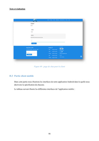 Tests et réalisation
86
Figure 48 : page de chat pour le client
II.3 Partie client mobile
Dans cette partie nous illustrons les interfaces de notre application Android dans le quelle nous
décrivons la spécification de chacune.
Le tableau suivant illustre les différentes interfaces de l’application mobile :
 