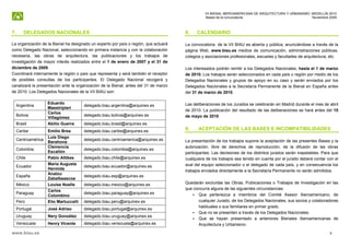 VII BIENAL IBEROAMERICANA DE ARQUITECTURA Y URBANISMO. MEDELLÍN 2010
                                                                                                Bases de la convocatoria                               Noviembre 2009



7.       DELEGADOS NACIONALES                                                         8.    CALENDARIO

La organización de la Bienal ha designado un experto por país o región, que actuará   La convocatoria de la VII BIAU es abierta y pública, anunciándose a través de la
como Delegado Nacional, seleccionando en primera instancia y con la colaboración      página Web, www.biau.es medios de comunicación, administraciones públicas,
necesaria, las obras de arquitectura, las publicaciones y los trabajos de             colegios y asociaciones profesionales, escuelas y facultades de arquitectura, etc.
investigación de mayor interés realizados entre el 1 de enero de 2007 y el 31 de
diciembre de 2009.                                                                    Los interesados podrán remitir a los Delegados Nacionales, hasta el 1 de marzo
Coordinará internamente la región o país que representa y será también el receptor    de 2010. Los trabajos serán seleccionados en cada país o región por medio de los
de posibles consultas de los participantes. El Delegado Nacional recogerá y           Delegados Nacionales y grupos de apoyo en su caso y serán enviados por los
canalizará la presentación ante la organización de la Bienal, antes del 31 de marzo   Delegados Nacionales a la Secretaría Permanente de la Bienal en España antes
de 2010. Los Delegados Nacionales de la VII BIAU son:                                 del 31 de marzo de 2010.

                     Eduardo                                                          Las deliberaciones de los Jurados se celebrarán en Madrid durante el mes de abril
     Argentina                          delegado.biau.argentina@arquinex.es
                     Maestripieri
                                                                                      de 2010. La publicación del resultado de las deliberaciones se hará antes del 15
                     Carlos
     Bolivia                            delegado.biau.bolivia@arquinex.es             de mayo de 2010.
                     Villagómez
     Brasil          Abilio Guerra      delegado.biau.brasil@arquinex.es
     Caribe          Emilio Brea        delegado.biau.caribe@arquinex.es              9.     ACEPTACIÓN DE LAS BASES E INCOMPATIBILIDADES
                     Luis Diego
     Centroamérica                      delegado.biau.centroamerica@arquinex.es       La presentación de los trabajos supone la aceptación de las presentes Bases y la
                     Barahona
                     Clemencia                                                        autorización, libre de derechos de reproducción, de la difusión de las obras
     Colombia                           delegado.biau.colombia@arquinex.es
                     Escallón                                                         participantes. Las decisiones de los distintos jurados serán inapelables. Para que
     Chile           Pablo Altikes      delegado.biau.chile@arquinex.es               cualquiera de los trabajos sea tenido en cuenta por el jurado deberá contar con el
                     Maria Augusta                                                    aval del equipo seleccionador o el delegado de cada país, y en consecuencia los
     Ecuador                            delegado.biau.ecuador@arquinex.es
                     Hermida                                                          trabajos enviados directamente a la Secretaría Permanente no serán admitidos.
                     Anatxu
     España                             delegado.biau.esp@arquinex.es
                     Zabalbeascoa
     México          Louise Noelle      delegado.biau.mexico@arquinex.es              Quedarán excluídas las Obras, Publicaciones o Trabajos de Investigación en las
                     Carlos                                                           que concurra alguna de las siguientes circunstancias:
     Paraguay                           delegado.biau.paraguay@arquinex.es                  Que pertenezca a miembros del Comité Asesor Iberoamericano, de
                     Colombino
     Perú            Elio Martuccelli   delegado.biau.peru@arquinex.es                      cualquier Jurado, de los Delegados Nacionales, sus socios y colaboradores
                                                                                            habituales o sus familiares en primer grado.
     Portugal        José Adriao        delegado.biau.portugal@arquinex.es
                                                                                            Que no se presenten a través de los Delegados Nacionales.
     Uruguay         Nery González      delegado.biau.uruguay@arquinex.es
                                                                                            Que se hayan presentado a anteriores Bienales Iberoamericanas de
     Venezuela       Henry Vicente      delegado.biau.venezuela@arquinex.es                 Arquitectura y Urbanismo.

www.biau.es                                                                                                                                                        5
 