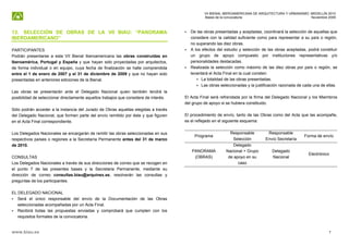 VII BIENAL IBEROAMERICANA DE ARQUITECTURA Y URBANISMO. MEDELLÍN 2010
                                                                                                Bases de la convocatoria                               Noviembre 2009



13. SELECCIÓN DE OBRAS DE LA VII BIAU: “PANORAMA                                         De las obras presentadas y aceptadas, coordinará la selección de aquellas que
IBEROAMERICANO”                                                                          considere con la calidad suficiente como para representar a su país o región,
                                                                                         no superando las diez obras.
PARTICIPANTES                                                                            A los efectos del estudio y selección de las obras aceptadas, podrá constituir
Podrán presentarse a esta VII Bienal Iberoamericana las obras construidas en             un grupo de apoyo compuesto por instituciones representativas y/o
Iberoamérica, Portugal y España y que hayan sido proyectadas por arquitectos,            personalidades destacadas.
de forma individual o en equipo, cuya fecha de finalización se halle comprendida         Realizada la selección como máximo de las diez obras por país o región, se
entre el 1 de enero de 2007 y el 31 de diciembre de 2009 y que no hayan sido             levantará el Acta Final en la cual consten:
presentadas en anteriores ediciones de la Bienal.                                              La totalidad de las obras presentadas.
                                                                                               Las obras seleccionadas y la justificación razonada de cada una de ellas.
Las obras se presentarán ante el Delegado Nacional quien también tendrá la
posibilidad de seleccionar directamente aquellos trabajos que considere de interés.   El Acta Final será refrendada por la firma del Delegado Nacional y los Miembros
                                                                                      del grupo de apoyo si se hubiera constituido.
Sólo podrán acceder a la instancia del Jurado de Obras aquellas elegidas a través
del Delegado Nacional, que formen parte del envío remitido por éste y que figuren     El procedimiento de envío, tanto de las Obras como del Acta que las acompañe,
en el Acta Final correspondiente.                                                     es el reflejado en el siguiente esquema:


Los Delegados Nacionales se encargarán de remitir las obras seleccionadas en sus                              Responsable         Responsable
                                                                                           Programa                                                   Forma de envío
respectivos países o regiones a la Secretaría Permanente antes del 31 de marzo                                  Selección        Envío Secretaría
de 2010.                                                                                                        Delegado
                                                                                         PANORAMA           Nacional + Grupo        Delegado
                                                                                                                                                        Electrónico
CONSULTAS                                                                                 (OBRAS)            de apoyo en su         Nacional
Los Delegados Nacionales a través de sus direcciones de correo que se recogen en                                  caso
el punto 7 de las presentes bases y la Secretaria Permanente, mediante su
dirección de correo consultas.biau@arquinex.es, resolverán las consultas y
preguntas de los participantes.

EL DELEGADO NACIONAL
   Será el único responsable del envío de la Documentación de las Obras
   seleccionadas acompañadas por un Acta Final.
   Recibirá todas las propuestas enviadas y comprobará que cumplen con los
   requisitos formales de la convocatoria.


www.biau.es                                                                                                                                                        7
 