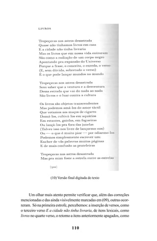 110
Um olhar mais atento permite verificar que, além das correções
mencionadas e das ainda visivelmente marcadas em (09), outras ocor-
reram. Só na primeira estrofe, percebemos: a inserçãodeversos,como
o terceiro verso E a cidade não tinha livraria, de itens lexicais, como
livros no quarto verso, o retorno a itens anteriormente apagados, como
(10) Versão final digitada do texto
Livro Fala e escrita 050707finalgrafica.pmd 05/07/2007, 16:40110
 