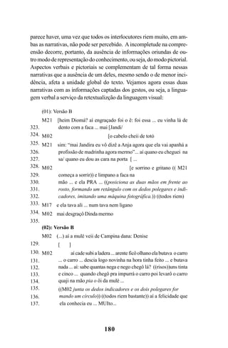 180
parece haver, uma vez que todos os interlocutores riem muito, em am-
bas as narrativas, não pode ser percebido. Aincompletude na compre-
ensão decorre, portanto, da ausência de informações oriundas de ou-
tro modo de representação do conhecimento, ou seja, do modo pictorial.
Aspectos verbais e pictoriais se complementam de tal forma nessas
narrativas que a ausência de um deles, mesmo sendo o de menor inci-
dência, afeta a unidade global do texto. Vejamos agora essas duas
narrativas com as informações captadas dos gestos, ou seja, a lingua-
gem verbal a serviço da retextualizção da linguagem visual:
(01): Versão B
M21 [heim Diomá? aí engraçado foi o ê: foi essa ... eu vinha lá de
dento com a faca ... mai [Jandi/
M02 [o cabelo cheii de totó
M21 sim: “mai Jandira eu vô dizê a Anja agora que ela vai apanhá a
profissão de madrinha agora mermo”... aí quano eu cheguei na
sa/ quano eu dou as cara na porta [ ...
M02 [e sorrino e gritano (( M21
começa a sorrir)) e limpano a faca na
mão ... e ela PRA ... ((posiciona as duas mãos em frente ao
rosto, formando um retângulo com os dedos polegares e indi-
cadores, imitando uma máquina fotográfica.)) ((todos riem)
M17 e ela tava ali ... num tava nem ligano
M02 mai desgraçô Dinda mermo
(02): Versão B
M02 (...) aí a mulé veii de Campina dana: Denise
[ ]
M02 aícadesubialadera...arenteficôolhanoelabutava ocarro
... o carro ... descia logo novinha na hora tinha feito ... e butava
nada ... aí: sabe quantas nega e nego chegô lá? ((risos))uns tinta
e cinco ... quando chegô pra impurrá o carro poi levarô o carro
quaji na mão pia o ôi da mulé ...
((M02 junta os dedos indicadores e os dois polegares for
mando um círculo)) ((todos riem bastante)) aí a felicidade que
ela conhecia eu ... MUIto...
323.
324.
325.
326.
327.
328.
329.
330.
331.
332.
333.
334.
335.
129.
130.
131.
132.
133.
134.
135.
136.
137.
Livro Fala e escrita 050707finalgrafica.pmd 05/07/2007, 16:40180
 