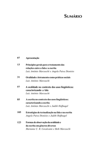 SUMÁRIO
07
13
31
57
85
105
123
Apresentação
Princípios gerais para o tratamento das
relações entre a fala e a escrita
Luiz Antônio Marcuschi e Angela Paiva Dionisio
Oralidade e letramento como práticas sociais
Luiz Antônio Marcuschi
A oralidade no contexto dos usos lingüísticos:
caracterizando a fala
Luiz Antônio Marcuschi
A escrita no contexto dos usos lingüísticos:
caracterizando a escrita
Luiz Antônio Marcuschi e Judith Hoffnagel
Estratégias de textualização na fala e na escrita
Angela Paiva Dionísio e Judith Hoffnagel
Formasdeobservaçãodaoralidadee
da escrita em gêneros diversos
Marianne C. B. Cavalcante e Beth Marcuschi
Livro Fala e escrita 050707finalgrafica.pmd 05/07/2007, 16:405
 