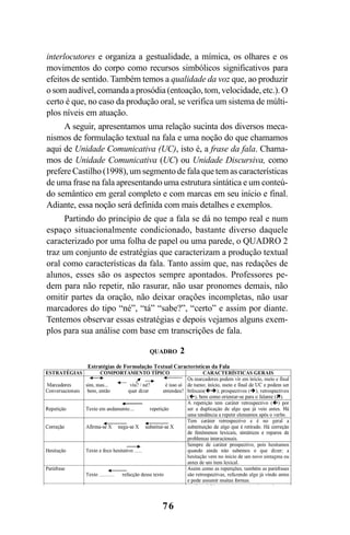 76
interlocutores e organiza a gestualidade, a mímica, os olhares e os
movimentos do corpo como recursos simbólicos significativos para
efeitos de sentido. Também temos a qualidade da voz que, ao produzir
o som audível, comanda a prosódia (entoação, tom, velocidade, etc.). O
certo é que, no caso da produção oral, se verifica um sistema de múlti-
plos níveis em atuação.
A seguir, apresentamos uma relação sucinta dos diversos meca-
nismos de formulação textual na fala e uma noção do que chamamos
aqui de Unidade Comunicativa (UC), isto é, a frase da fala. Chama-
mos de Unidade Comunicativa (UC) ou Unidade Discursiva, como
prefere Castilho (1998), um segmento de fala que tem as características
de uma frase na fala apresentando uma estrutura sintática e um conteú-
do semântico em geral completo e com marcas em seu início e final.
Adiante, essa noção será definida com mais detalhes e exemplos.
Partindo do princípio de que a fala se dá no tempo real e num
espaço situacionalmente condicionado, bastante diverso daquele
caracterizado por uma folha de papel ou uma parede, o QUADRO 2
traz um conjunto de estratégias que caracterizam a produção textual
oral como características da fala. Tanto assim que, nas redações de
alunos, esses são os aspectos sempre apontados. Professores pe-
dem para não repetir, não rasurar, não usar pronomes demais, não
omitir partes da oração, não deixar orações incompletas, não usar
marcadores do tipo “né”, “tá” “sabe?”, “certo” e assim por diante.
Tentemos observar essas estratégias e depois vejamos alguns exem-
plos para sua análise com base em transcrições de fala.
QUADRO 2
Livro Fala e escrita 050707finalgrafica.pmd 05/07/2007, 16:4076
 