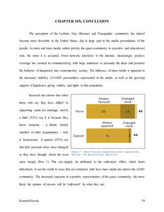 Kenneth Scarle 59
CHAPTER SIX: CONCLUSION
The perception of the Lesbian, Gay, Bisexual and Transgender community has indeed
become more favorable in the United States, due in large part to the media presentation of the
people. As more and more media outlets portray the queer community in a positive and educational
vein, the more it is accepted. From network television to the internet, increasingly positive
coverage has assisted in communicating with large audiences to persuade the ideas and promote
the behavior of integration into contemporary society. The influence of mass media is apparent in
the increased visibility of LGBT personalities represented in the media, as well as the growing
support of legislation giving validity and rights to that population.
Research has shown that when
those who say they have shifted to
supporting same-sex marriage, nearly
a third (32%) say it is because they
know someone – a friend, family
member or other acquaintance – who
is homosexual. A quarter (25%) say
that their personal views have changed
as they have thought about the issue
more deeply (Pew 1). This can largely be attributed to the cultivation effect, which leads
individuals to see the world in ways that are consistent with how mass media has shown the LGBT
community. The increased exposure to a positive representation of the queer community, the more
likely the opinion of viewers will be ‘cultivated’ by what they see.
Figure 17. “Onein Seven havechanged their minds in supportof Gay
Marriage.” Pew Research Center. March 2013.
 