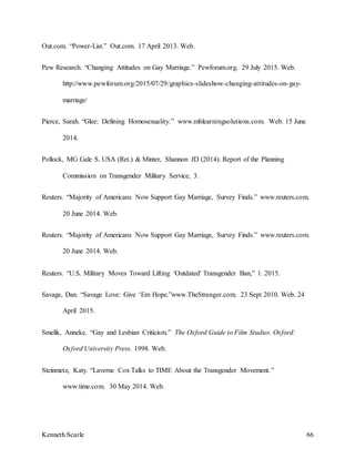 Kenneth Scarle 66
Out.com. “Power-List.” Out.com. 17 April 2013. Web.
Pew Research. “Changing Attitudes on Gay Marriage.” Pewforum.org. 29 July 2015. Web.
http://www.pewforum.org/2015/07/29/graphics-slideshow-changing-attitudes-on-gay-
marriage/
Pierce, Sarah. “Glee: Defining Homosexuality.” www.mhlearningsolutions.com. Web. 15 June
2014.
Pollock, MG Gale S. USA (Ret.) & Minter, Shannon JD (2014). Report of the Planning
Commission on Transgender Military Service, 3.
Reuters. “Majority of Americans Now Support Gay Marriage, Survey Finds.” www.reuters.com.
20 June 2014. Web.
Reuters. “Majority of Americans Now Support Gay Marriage, Survey Finds.” www.reuters.com.
20 June 2014. Web.
Reuters. “U.S. Military Moves Toward Lifting 'Outdated' Transgender Ban,” 1. 2015.
Savage, Dan. “Savage Love: Give ‘Em Hope.”www.TheStranger.com. 23 Sept 2010. Web. 24
April 2015.
Smelik, Anneke. “Gay and Lesbian Criticism.” The Oxford Guide to Film Studies. Oxford:
Oxford University Press. 1998. Web.
Steinmetz, Katy. “Laverne Cox Talks to TIME About the Transgender Movement.”
www.time.com. 30 May 2014. Web.
 