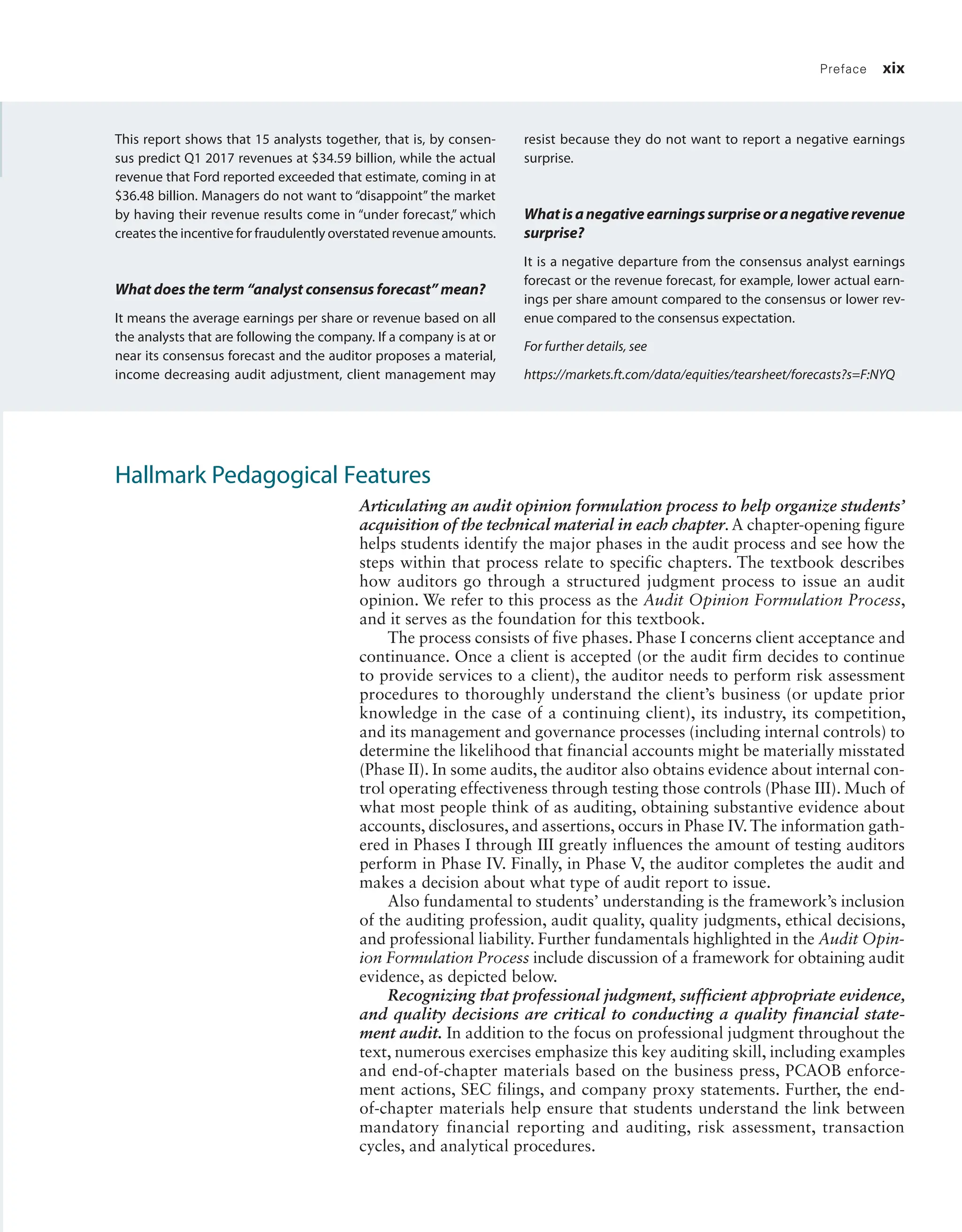 Preface xix
Hallmark Pedagogical Features
Articulating an audit opinion formulation process to help organize students’
acquisition of the technical material in each chapter. A chapter-opening figure
helps students identify the major phases in the audit process and see how the
steps within that process relate to specific chapters. The textbook describes
how auditors go through a structured judgment process to issue an audit
opinion. We refer to this process as the Audit Opinion Formulation Process,
and it serves as the foundation for this textbook.
The process consists of five phases. Phase I concerns client acceptance and
continuance. Once a client is accepted (or the audit firm decides to continue
to provide services to a client), the auditor needs to perform risk assessment
procedures to thoroughly understand the client’s business (or update prior
knowledge in the case of a continuing client), its industry, its competition,
and its management and governance processes (including internal controls) to
determine the likelihood that financial accounts might be materially misstated
(Phase II). In some audits, the auditor also obtains evidence about internal con-
trol operating effectiveness through testing those controls (Phase III). Much of
what most people think of as auditing, obtaining substantive evidence about
accounts, disclosures, and assertions, occurs in Phase IV. The information gath-
ered in Phases I through III greatly influences the amount of testing auditors
perform in Phase IV. Finally, in Phase V, the auditor completes the audit and
makes a decision about what type of audit report to issue.
Also fundamental to students’ understanding is the framework’s inclusion
of the auditing profession, audit quality, quality judgments, ethical decisions,
and professional liability. Further fundamentals highlighted in the Audit Opin-
ion Formulation Process include discussion of a framework for obtaining audit
evidence, as depicted below.
Recognizing that professional judgment, sufficient appropriate evidence,
and quality decisions are critical to conducting a quality financial state-
ment audit. In addition to the focus on professional judgment throughout the
text, numerous exercises emphasize this key auditing skill, including examples
and end-of-chapter materials based on the business press, PCAOB enforce-
ment actions, SEC filings, and company proxy statements. Further, the end-
of-­
chapter materials help ensure that students understand the link between
mandatory financial reporting and auditing, risk assessment, transaction
cycles, and analytical procedures.
This report shows that 15 analysts together, that is, by consen-
sus ­
predict Q1 2017 revenues at $34.59 billion, while the actual
revenue that Ford reported exceeded that estimate, coming in at
$36.48 billion. Managers do not want to “disappoint” the market
by having their revenue results come in “under forecast,” which
creates the incentive for fraudulently overstated revenue amounts.
What does the term “analyst consensus forecast” mean?
It means the average earnings per share or revenue based on all
the analysts that are following the company. If a company is at or
near its consensus forecast and the auditor proposes a material,
income decreasing audit adjustment, client management may
resist because they do not want to report a negative earnings
surprise.
Whatisanegativeearningssurpriseoranegativerevenue
surprise?
It is a negative departure from the consensus analyst earnings
forecast or the revenue forecast, for example, lower actual earn-
ings per share amount compared to the consensus or lower rev-
enue compared to the consensus expectation.
For further details, see
https://markets.ft.com/data/equities/tearsheet/forecasts?s=F:NYQ
19455_fm_hr_i-xxxi.indd 19 1/24/18 3:36 PM
 