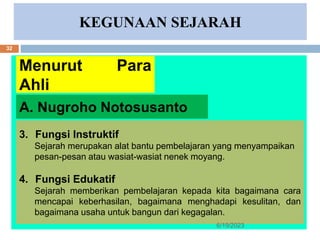 KEGUNAAN SEJARAH
Menurut Para
Ahli
3. Fungsi Instruktif
Sejarah merupakan alat bantu pembelajaran yang menyampaikan
pesan-pesan atau wasiat-wasiat nenek moyang.
4. Fungsi Edukatif
Sejarah memberikan pembelajaran kepada kita bagaimana cara
mencapai keberhasilan, bagaimana menghadapi kesulitan, dan
bagaimana usaha untuk bangun dari kegagalan.
A. Nugroho Notosusanto
6/19/2023
32
 