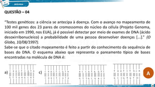 QUESTÃO – 04
“Testes genéticos: a ciência se antecipa à doença. Com o avanço no mapeamento de
100 mil genes dos 23 pares de cromossomos do núcleo da célula (Projeto Genoma,
iniciado em 1990, nos EUA), já é possível detectar por meio de exames de DNA (ácido
desoxirribonucleico) a probabilidade de uma pessoa desenvolver doenças [...].” (O
Globo, 10/08/1997).
Sabe-se que o citado mapeamento é feito a partir do conhecimento da sequência de
bases do DNA. O esquema abaixo que representa o pareamento típico de bases
encontradas na molécula de DNA é:
a) b) c) d) A
20
 