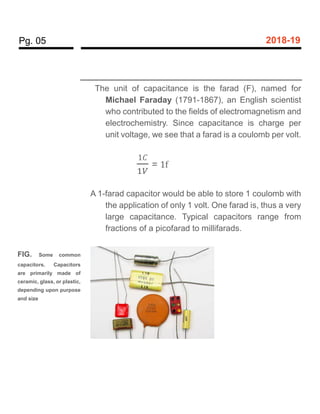 Pg. 05 2018-19
The unit of capacitance is the farad (F), named for
Michael Faraday (1791-1867), an English scientist
who contributed to the fields of electromagnetism and
electrochemistry. Since capacitance is charge per
unit voltage, we see that a farad is a coulomb per volt.
1𝐶
1𝑉
= 1f
A 1-farad capacitor would be able to store 1 coulomb with
the application of only 1 volt. One farad is, thus a very
large capacitance. Typical capacitors range from
fractions of a picofarad to millifarads.
FIG. Some common
capacitors. Capacitors
are primarily made of
ceramic, glass, or plastic,
depending upon purpose
and size
 