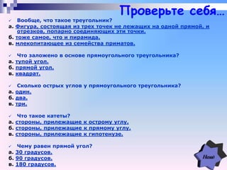 Проверьте себя…
 Вообще, что такое треугольник?
а. Фигура, состоящая из трех точек не лежащих на одной прямой, и
отрезков, попарно соединяющих эти точки.
б. тоже самое, что и пирамида.
в. млекопитающее из семейства приматов.
 Что заложено в основе прямоугольного треугольника?
а. тупой угол.
б. прямой угол.
в. квадрат.
 Сколько острых углов у прямоугольного треугольника?
а. один.
б. два.
в. три.
 Что такое катеты?
а. стороны, прилежащие к острому углу.
б. стороны, прилежащие к прямому углу.
в. стороны, прилежащие к гипотенузе.
 Чему равен прямой угол?
а. 30 градусов.
б. 90 градусов.
в. 180 градусов.
 