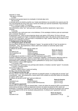 responda "y" nesta.
· Use agora o comando
% make
A biblioteca será gerada depois da compilação é chamada algo como
libc.so.4.5.26
e colocada dentro do diretório jump/libc-nys. Instale esta biblioteca nos aconselhe-mos copia-la para /lib
com uma lexiografia de nome maior que o número da versão que você tem atualmente. Faça anexando
a letra "a" como um truque. Por exemplo:
% cp jump/libc-nys/libc.so.4.5.26 /lib/libc.so.4.5.26a
Alternativamente, anexe "nys " para que assim você possa identificar rápidamente. Agora rode o
comando
% ldconfig
que reajustará o seu cache para usar a nova biblioteca. O link estratégico dinâmico pode ser examinado
com o comando "ldconfig -p".
É basicamente isto. Todos os seus programas devem usar agora o NYS atento. Por favor note que
normalmente o progrma de "login" é compilado estáticamente e assim não pode ter acesso ao novo NYS
que usa o libc NYS atento. Você deve fazer a recopilação do "login" usando -static flag, ou então um link
estatico para a biblioteca do libnsl.a.
7. Configurando um Servidor de NIS
7.1. O Programa ypserv do Servidor
Este documento só descreve como configurar o "ypserv " do servidor de NIS. O "yps" do servidor é é
semelhante, _mas_ não exatamente o mesmo assim tome cuidado se você tentar aplicar estas
instruções para o "yps"!
O software de servidor de NIS pode ser obtido em:
Site
Diretório
Nome do Arquivo
ftp.lysator.liu.se
/pub/NYS/servers
ypserv-1.1.2.tar.gz
ftp.uni-paderborn.de
/pub/linux/local/yp
ypserv-1.1.2.tar.gz
ftp.funet.fi
/pub/Linux/BETA/NYS/servers
ypserv-?.?.?.tar.gz
A configuração do servidor é a mesmo para NIS tradicional e apra o NYS.
Compile o software para gerar o "ypserv" e programas "makedbm". Primeiramente, determina quais os
arquivos que exigem para estar disponível para o NIS e então adicione ou remova as entradas
apropriadas para o ypMakefile. Instale o arquivo ypMakefile em /var/yp como o arquivo Makefile.
Agora construa o arquivo DBM digitando:
% cd /var/yp; make
Tenha certeza que o portmapper (rpc.portmap) está rodando, e inicialize o servidor "ypserv". O comando
% rpcinfo -u localhost ypserv
deva produzir algo como
program 100004 version 2 ready and waiting
E é isto, o seu servidor esta rodando.
7.2. O Programa do Servidor yps
Por favor monte o servidor de NIS "yps" referente ao parágrafo anterior. A configuração do servidor "yps"
é semelhante, _mas_ não exatamente o mesmo assim tome cuidado se você tentar aplicar as instruções
do "ypserv" para o "yps"!
O software de servidor de NIS "yps" pode ser obtido em:
Site
Diretório
Nome do Arquivo
ftp.lysator.liu.se
/pub/NYS/servers
yps-0.21.tar.gz
ftp.funet.fi
/pub/Linux/BETA/NYS/servers
yps-0.21.tar.gz
7.3. O Programa yppasswdd
Sempre que os usuários mudam as passwd deles, o banco de dados de passwd do NIS e provavelmente
outros bancos de dados do NIS que dependem de banco de dados de passwd do NIS, devem ser
atualizados. O programa "yppasswdd" é um servidor que contrala as mudanças de passwd e tem certeza
que a informação do NIS vai ser atualizado adequadamente. O software para "yppasswdd" pode ser
achado em:
Site
Diretório
Nome do Arquivo
ftp.lysator.liu.se
/pub/NYS
yppasswdd-0.7.tar.gz
246

 