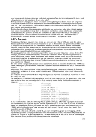 uma pequena rede de duas máquinas, você ainda precisa dos Ts e dos terminadores de 50 ohm -- você
não pode somente ligá-las através de um único cabo!
Note que existem umas poucas placas por ai com `terminação na placa'. Estas placas tem um jumper
que quando fechado coloca um resistor de 50 ohm na entrada do BNC. Com estas placas você pode
usar um T BNC com terminador como usual ou colocar o cabo diretamente na placa e fechar o jumper
para habilitar a terminação na placa.
Existem também alguns sistemas de cabos sofisticados que parecem um cabo único indo até a placa,
mas o cabo na verdade é um loop. Com os dois cabos ficando lado-a-lado cobertos por uma camada,
dando ao cabo uma aparencia ovalada. No ponto final do cabo um conector BNC é colocado que
conecta sua placa. Então você tem o equivalente a dois cabos e um T BNC, mas neste caso, é
impossível para o usuário remover um cabo de um dos lados do T e prejudicar a rede.

6.2 Par Trançado
Redes de par trançado requerem hubs ativos, que começam por volta de $200, e o custo dos cabos
básicos podem ser no final das contas mais caros do que os thinnet. Eles são geralmente vendidos com
a alegação que você pode usar seu cabeamento telefônico existente, mas na verdade somente em
algumas instalações você poderá usar isto. A alegação de que você pode atualizar para velocidades
maiores também é suspeita, pois a maiora dos esquemas propostos usam cabos melhores (leia $$) e
terminação mais sofisticada ($$$) do que você instalaria.
Novos equipamentos estão circulando que permitirão a você encadear máquinas, e coisas do tipo. Por
exemplo, a Farallon vende adaptadores e transceivers EtherWave. Estes dispositivos permitem que
vários dispositivos 10baseT sejam encadeados. Eles também vendem clones 3c509 que incluem um
transceiver EtherWave. A desvantagem é que são mais caros e menos confiáveis que um mini-hub
barato ($100-$150) e outra placa ethernet. Você provavelmente deverá escolher um hub ou trocar por
uma rede thinnet 10base2.
De outra forma, o preço dos hubs está caindo rapidamente, todas as propostas de ethernet a 100Mb/seg
usam par trançado. (Provavelmente para evitar o problema de idiotas mexendo nos BNC's como descrito
acima.)
Além disso, Russ Nelson adiciona `Novas instalações devem usar cabeamento categoria 5. Qualquer
outra coisa é uma perda de tempo para o instalador, pois 100Base-qualquer coisa requer cabeamento
categoria 5.'
Se você está apenas conectando duas máquinas é possível dispensar o uso do hub, invertendo os pares
Rx e Tx (1-2 e 3-6).
Se você segura o conector RJ-45 na sua frente (como se fosse conectá-lo na sua boca) com a trava para
cipa, então os pinos são numerados de 1 a 8, da esquerda para a direita. A utilização dos pinos é a
seguinte:
Número do Pino
Utilização
----------------------1
Saida de Dados (+)
2
Saida de Dados (-)
3
Entrada de Dados (+)
4
Reservado para uso telefônico
5
Reservado para uso telefônico
6
Entrada de Dados (-)
7
Reservado para uso telefônico
8
Reservado para uso telefônico
If you want to make a cable, the following should spell it out for you. Differential signal pairs must be on
the same twisted pair to get the required minimal impedance/loss of a UTP cable. If you look at the above
table, you will see that 1+2 and 3+6 are the two sets of differential signal pairs. Not 1+3 and 2+6 !!!!!! At
10MHz, with short lengths, you *may* get away with such errors, if it is only over a short length. Don't
even think about it at 100MHz.
For a normal patch cord, with ends `A' and `B', you want straight through pin-to-pin mapping, with the
input and output each using a pair of twisted wires (for impedance issues). That means 1A goes to 1B, 2A
goes to 2B, 3A goes to 3B and 6A goes to 6B. The wires joining 1A-1B and 2A-2B must be a twisted pair.
Also the wires joining 3A-3B and 6A-6B must be another twisted pair.
291

 
