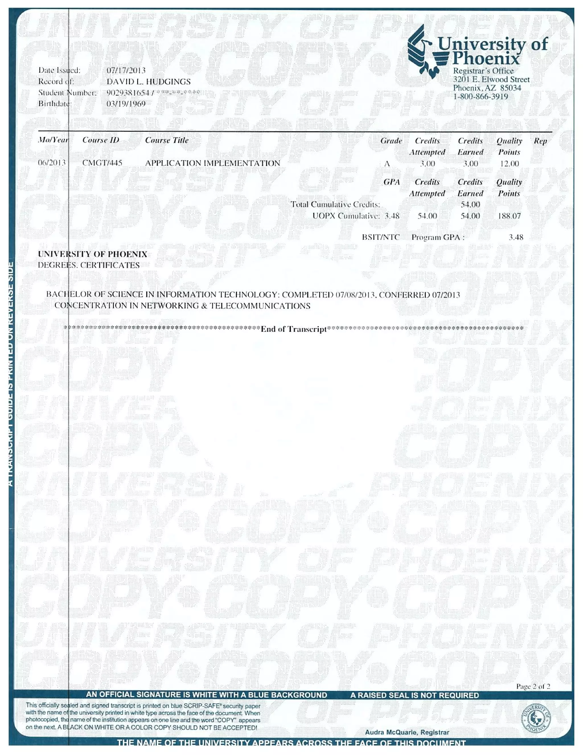 University of Phoenix Transcripts
