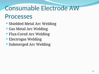 Consumable Electrode AW
Processes
 Shielded Metal Arc Welding
 Gas Metal Arc Welding
 Flux‑Cored Arc Welding
 Electrogas Welding
 Submerged Arc Welding
15
 