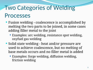 Two Categories of Welding
Processes
 Fusion welding - coalescence is accomplished by
melting the two parts to be joined, in some cases
adding filler metal to the joint
 Examples: arc welding, resistance spot welding,
oxyfuel gas welding
 Solid state welding - heat and/or pressure are
used to achieve coalescence, but no melting of
base metals occurs and no filler metal is added
 Examples: forge welding, diffusion welding,
friction welding
3
 