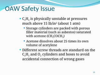 OAW Safety Issue
 C2H2 is physically unstable at pressures
much above 15 lb/in2
(about 1 atm)
 Storage cylinders are packed with porous
filler material (such as asbestos) saturated
with acetone (CH3COCH3)
 Acetone dissolves about 25 times its own
volume of acetylene
 Different screw threads are standard on the
C2H2 and O2 cylinders and hoses to avoid
accidental connection of wrong gases
55
 