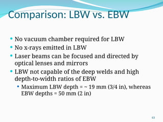 Comparison: LBW vs. EBW
 No vacuum chamber required for LBW
 No x‑rays emitted in LBW
 Laser beams can be focused and directed by
optical lenses and mirrors
 LBW not capable of the deep welds and high
depth‑to‑width ratios of EBW
 Maximum LBW depth = ~ 19 mm (3/4 in), whereas
EBW depths = 50 mm (2 in)
63
 