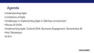 Agenda
Understanding Agile
Limitations of Agile
Challenges in implementing Agile in QlikView environment
Reuse of QVDs
Implementing Agile: Cultural Shift, Business Engagement, Decentralize BI
Key Takeaways
Q & A
 