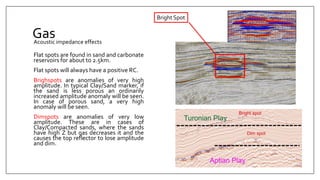 Gas
Flat spots are found in sand and carbonate
reservoirs for about to 2.5km.
Flat spots will always have a positive RC.
Brighspots are anomalies of very high
amplitude. In typical Clay/Sand marker, if
the sand is less porous an ordinarily
increased amplitude anomaly will be seen.
In case of porous sand, a very high
anomaly will be seen.
Dimspots are anomalies of very low
amplitude. These are in cases of
Clay/Compacted sands, where the sands
have high Z but gas decreases it and the
causes the top reflector to lose amplitude
and dim.
Acoustic impedance effects
Bright Spot
 