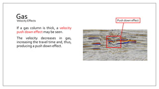 Gas
If a gas column is thick, a velocity
push down effect may be seen.
The velocity decreases in gas,
increasing the travel time and, thus,
producing a push down effect.
Velocity Effects Push down effect
 