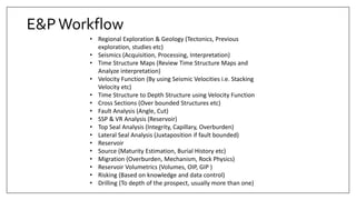 E&PWorkflow
• Regional Exploration & Geology (Tectonics, Previous
exploration, studies etc)
• Seismics (Acquisition, Processing, Interpretation)
• Time Structure Maps (Review Time Structure Maps and
Analyze interpretation)
• Velocity Function (By using Seismic Velocities i.e. Stacking
Velocity etc)
• Time Structure to Depth Structure using Velocity Function
• Cross Sections (Over bounded Structures etc)
• Fault Analysis (Angle, Cut)
• SSP & VR Analysis (Reservoir)
• Top Seal Analysis (Integrity, Capillary, Overburden)
• Lateral Seal Analysis (Juxtaposition if fault bounded)
• Reservoir
• Source (Maturity Estimation, Burial History etc)
• Migration (Overburden, Mechanism, Rock Physics)
• Reservoir Volumetrics (Volumes, OIP, GIP )
• Risking (Based on knowledge and data control)
• Drilling (To depth of the prospect, usually more than one)
 