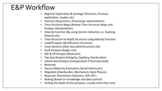 E&PWorkflow
• Regional Exploration & Geology (Tectonics, Previous
exploration, studies etc)
• Seismics (Acquisition, Processing, Interpretation)
• Time Structure Maps (Review Time Structure Maps and
Analyze interpretation)
• Velocity Function (By using Seismic Velocities i.e. Stacking
Velocity etc)
• Time Structure to Depth Structure using Velocity Function
• Lead/Prospect Identification structures
• Cross Sections (Over bounded Structures etc)
• Fault Analysis (Angle, Cut)
• SSP & VR Analysis (Reservoir)
• Top Seal Analysis (Integrity, Capillary, Overburden)
• Lateral Seal Analysis (Juxtaposition if fault bounded)
• Reservoir
• Source (Maturity Estimation, Burial History etc)
• Migration (Overburden, Mechanism, Rock Physics)
• Reservoir Volumetrics (Volumes, OIP, GIP )
• Risking (Based on knowledge and data control)
• Drilling (To depth of the prospect, usually more than one)
 