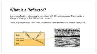 What is a Reflector?
A seismic reflector is a boundary between beds with different properties.There may be a
change of lithology or fluid fill from bed 1 to bed 2.
These property changes cause some sound waves to be reflected back towards the surface.
Bed 1
Bed 2
lower velocity
higher velocity
energy
source
signal
receiver
 