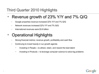 Third Quarter 2010 Highlights
    • Revenue growth of 23% Y/Y and 7% Q/Q
      –   Google properties revenue increased 22% Y/Y and 7% Q/Q
      –   Network revenues increased 22% Y/Y and 7% Q/Q
      –   International revenues were $3.8 billion


    • Operational Highlights
      –   Strong financial metrics: revenue growth, profitability and cash flow

      –   Continuing to invest heavily in our growth agenda

          •    Investing in People -- to attract, retain, and reward the best talent

          •    Investing in Products -- to leverage computer science to solve big problems




2
 