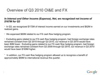 Overview of Q3 2010 OI&E and FX

    In Interest and Other Income (Expense), Net, we recognized net income of
    $167M for Q3
    • In Q3, we recognized $172M of interest income earned on our investments and $62M in
    realized gains.

    • We expensed $60M related to our FX cash flow hedging program.

    • Excluding gains related to our FX cash flow hedging program, had foreign exchange rates
    remained constant from Q2 2010 through Q3 2010, our revenue in Q3 2010 would have
    been $9M lower. Excluding gains related to our FX cash flow hedging program, had foreign
    exchange rates remained constant from Q3 2009 through Q3 2010, our revenue in Q3 2010
    would have been $169M higher.

    • In addition, our FX cash flow hedging program allowed us to recognize a benefit of
    approximately $89M to international revenue this quarter.




9
 