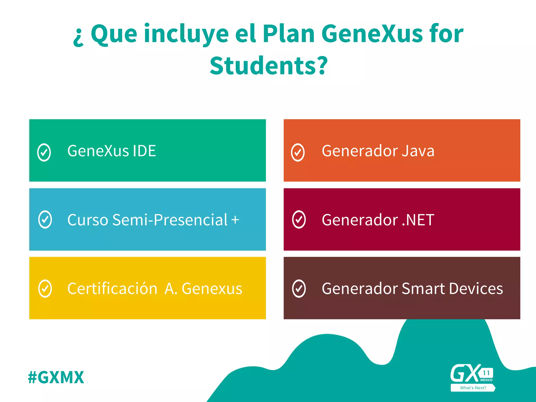 #GXMX
TEMAS
GeneXus IDE
Curso Semi-Presencial +
Certificación A. Genexus
Generador Java
Generador .NET
Generador Smart Devices
¿ Que incluye el Plan GeneXus for
Students?
 