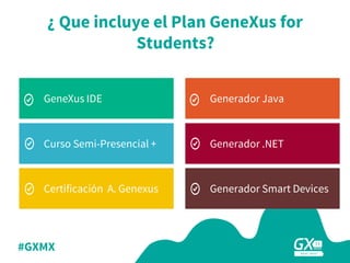 #GXMX
TEMAS
GeneXus IDE
Curso Semi-Presencial +
Certificación A. Genexus
Generador Java
Generador .NET
Generador Smart Devices
¿ Que incluye el Plan GeneXus for
Students?
 