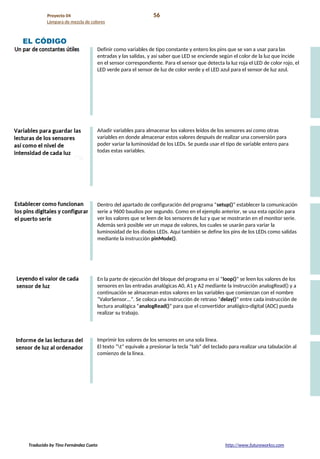 Proyecto 04 56
Lámpara de mezcla de colores
EL CÓDIGO
Definir como variables de tipo constante y entero los pins que se van a usar para las
entradas y las salidas, y así saber que LED se enciende según el color de la luz que incide
en el sensor correspondiente. Para el sensor que detecta la luz roja el LED de color rojo, el
LED verde para el sensor de luz de color verde y el LED azul para el sensor de luz azul.
Añadir variables para almacenar los valores leídos de los sensores así como otras
variables en donde almacenar estos valores después de realizar una conversión para
poder variar la luminosidad de los LEDs. Se pueda usar el tipo de variable entero para
todas estas variables.
Dentro del apartado de configuración del programa “setup()” establecer la comunicación
serie a 9600 baudios por segundo. Como en el ejemplo anterior, se usa esta opción para
ver los valores que se leen de los sensores de luz y que se mostrarán en el monitor serie.
Además será posible ver un mapa de valores, los cuales se usarán para variar la
luminosidad de los diodos LEDs. Aquí también se define los pins de los LEDs como salidas
mediante la instrucción pinMode().
En la parte de ejecución del bloque del programa en sí “loop()” se leen los valores de los
sensores en las entradas analógicas A0, A1 y A2 mediante la instrucción analogRead() y a
continuación se almacenan estos valores en las variables que comienzan con el nombre
“ValorSensor...”. Se coloca una instrucción de retraso “delay()” entre cada instrucción de
lectura analógica “analogRead()” para que el convertidor analógico-digital (ADC) pueda
realizar su trabajo.
Imprimir los valores de los sensores en una sola línea.
El texto “t” equivale a presionar la tecla “tab” del teclado para realizar una tabulación al
comienzo de la línea.
Traducido by Tino Fernández Cueto http://www.futureworkss.com
 