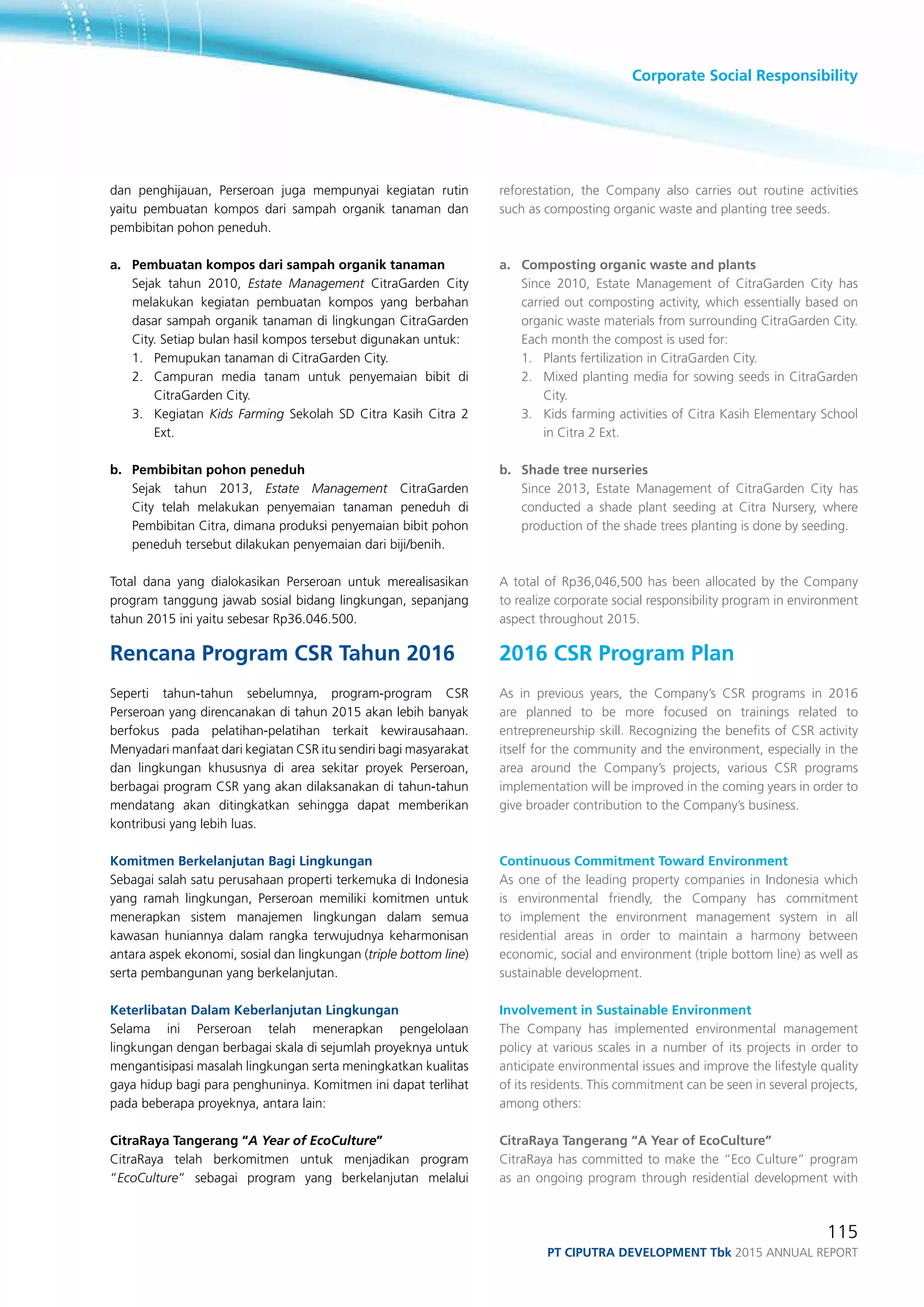 Corporate Social Responsibility
115
PT ciputra development Tbk 2015 annual report
dan penghijauan, Perseroan juga mempunyai kegiatan rutin
yaitu pembuatan kompos dari sampah organik tanaman dan
pembibitan pohon peneduh.
a. 	 Pembuatan kompos dari sampah organik tanaman
	 Sejak tahun 2010, Estate Management CitraGarden City
melakukan kegiatan pembuatan kompos yang berbahan
dasar sampah organik tanaman di lingkungan CitraGarden
City. Setiap bulan hasil kompos tersebut digunakan untuk:
1.	 Pemupukan tanaman di CitraGarden City.
2.	 Campuran media tanam untuk penyemaian bibit di
CitraGarden City.
3.	Kegiatan Kids Farming Sekolah SD Citra Kasih Citra 2
Ext.
b.	 Pembibitan pohon peneduh
	 Sejak tahun 2013, Estate Management CitraGarden
City telah melakukan penyemaian tanaman peneduh di
Pembibitan Citra, dimana produksi penyemaian bibit pohon
peneduh tersebut dilakukan penyemaian dari biji/benih.
Total dana yang dialokasikan Perseroan untuk merealisasikan
program tanggung jawab sosial bidang lingkungan, sepanjang
tahun 2015 ini yaitu sebesar Rp36.046.500.
Rencana Program CSR Tahun 2016
Seperti tahun-tahun sebelumnya, program-program CSR
Perseroan yang direncanakan di tahun 2015 akan lebih banyak
berfokus pada pelatihan-pelatihan terkait kewirausahaan.
Menyadari manfaat dari kegiatan CSR itu sendiri bagi masyarakat
dan lingkungan khususnya di area sekitar proyek Perseroan,
berbagai program CSR yang akan dilaksanakan di tahun-tahun
mendatang akan ditingkatkan sehingga dapat memberikan
kontribusi yang lebih luas.
Komitmen Berkelanjutan Bagi Lingkungan
Sebagai salah satu perusahaan properti terkemuka di Indonesia
yang ramah lingkungan, Perseroan memiliki komitmen untuk
menerapkan sistem manajemen lingkungan dalam semua
kawasan huniannya dalam rangka terwujudnya keharmonisan
antara aspek ekonomi, sosial dan lingkungan (triple bottom line)
serta pembangunan yang berkelanjutan.
Keterlibatan Dalam Keberlanjutan Lingkungan
Selama ini Perseroan telah menerapkan pengelolaan
lingkungan dengan berbagai skala di sejumlah proyeknya untuk
mengantisipasi masalah lingkungan serta meningkatkan kualitas
gaya hidup bagi para penghuninya. Komitmen ini dapat terlihat
pada beberapa proyeknya, antara lain:
CitraRaya Tangerang “A Year of EcoCulture”
CitraRaya telah berkomitmen untuk menjadikan program
“EcoCulture” sebagai program yang berkelanjutan melalui
reforestation, the Company also carries out routine activities
such as composting organic waste and planting tree seeds.
a. 	 Composting organic waste and plants
	 Since 2010, Estate Management of CitraGarden City has
carried out composting activity, which essentially based on
organic waste materials from surrounding CitraGarden City.
Each month the compost is used for:
1. 	 Plants fertilization in CitraGarden City.
2. 	 Mixed planting media for sowing seeds in CitraGarden
City.
3. 	 Kids farming activities of Citra Kasih Elementary School
in Citra 2 Ext.
b. 	 Shade tree nurseries
	 Since 2013, Estate Management of CitraGarden City has
conducted a shade plant seeding at Citra Nursery, where
production of the shade trees planting is done by seeding.
A total of Rp36,046,500 has been allocated by the Company
to realize corporate social responsibility program in environment
aspect throughout 2015.
2016 CSR Program Plan
As in previous years, the Company’s CSR programs in 2016
are planned to be more focused on trainings related to
entrepreneurship skill. Recognizing the benefits of CSR activity
itself for the community and the environment, especially in the
area around the Company’s projects, various CSR programs
implementation will be improved in the coming years in order to
give broader contribution to the Company’s business.
Continuous Commitment Toward Environment
As one of the leading property companies in Indonesia which
is environmental friendly, the Company has commitment
to implement the environment management system in all
residential areas in order to maintain a harmony between
economic, social and environment (triple bottom line) as well as
sustainable development.
Involvement in Sustainable Environment
The Company has implemented environmental management
policy at various scales in a number of its projects in order to
anticipate environmental issues and improve the lifestyle quality
of its residents. This commitment can be seen in several projects,
among others:
CitraRaya Tangerang “A Year of EcoCulture”
CitraRaya has committed to make the “Eco Culture” program
as an ongoing program through residential development with
 
