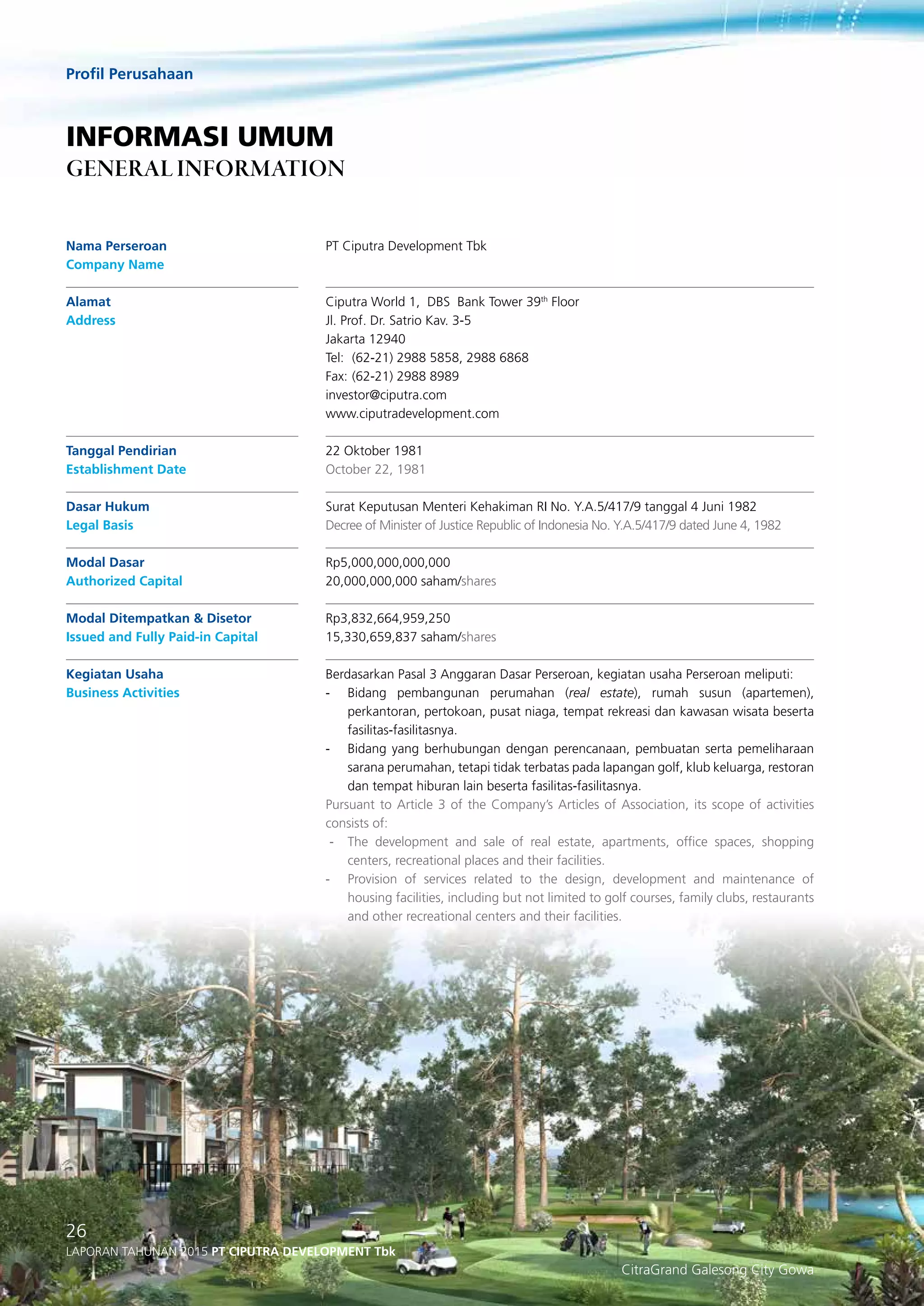 Profil Perusahaan
26
Laporan Tahunan 2015 PT ciputra development Tbk
PT Ciputra Development Tbk	
	
Ciputra World 1, DBS Bank Tower 39th
Floor
Jl. Prof. Dr. Satrio Kav. 3-5
Jakarta 12940
Tel:	 (62-21) 2988 5858, 2988 6868
Fax:	(62-21) 2988 8989
investor@ciputra.com
www.ciputradevelopment.com
22 Oktober 1981
October 22, 1981
Surat Keputusan Menteri Kehakiman RI No. Y.A.5/417/9 tanggal 4 Juni 1982
Decree of Minister of Justice Republic of Indonesia No. Y.A.5/417/9 dated June 4, 1982
Rp5,000,000,000,000
20,000,000,000 saham/shares
Rp3,832,664,959,250
15,330,659,837 saham/shares
Berdasarkan Pasal 3 Anggaran Dasar Perseroan, kegiatan usaha Perseroan meliputi:
-	 Bidang pembangunan perumahan (real estate), rumah susun (apartemen),
perkantoran, pertokoan, pusat niaga, tempat rekreasi dan kawasan wisata beserta
fasilitas-fasilitasnya.
- 	 Bidang yang berhubungan dengan perencanaan, pembuatan serta pemeliharaan
sarana perumahan, tetapi tidak terbatas pada lapangan golf, klub keluarga, restoran
dan tempat hiburan lain beserta fasilitas-fasilitasnya.
Pursuant to Article 3 of the Company’s Articles of Association, its scope of activities
consists of:
- 	 The development and sale of real estate, apartments, office spaces, shopping
centers, recreational places and their facilities.
- 	 Provision of services related to the design, development and maintenance of
housing facilities, including but not limited to golf courses, family clubs, restaurants
and other recreational centers and their facilities.
Nama Perseroan
Company Name
	
Alamat
Address				
	
Tanggal Pendirian
Establishment Date
Dasar Hukum
Legal Basis
Modal Dasar
Authorized Capital	
Modal Ditempatkan & Disetor
Issued and Fully Paid-in Capital
Kegiatan Usaha
Business Activities
informasi umum
General Information
26
Laporan Tahunan 2015 PT ciputra development Tbk
CitraGrand Galesong City Gowa
 