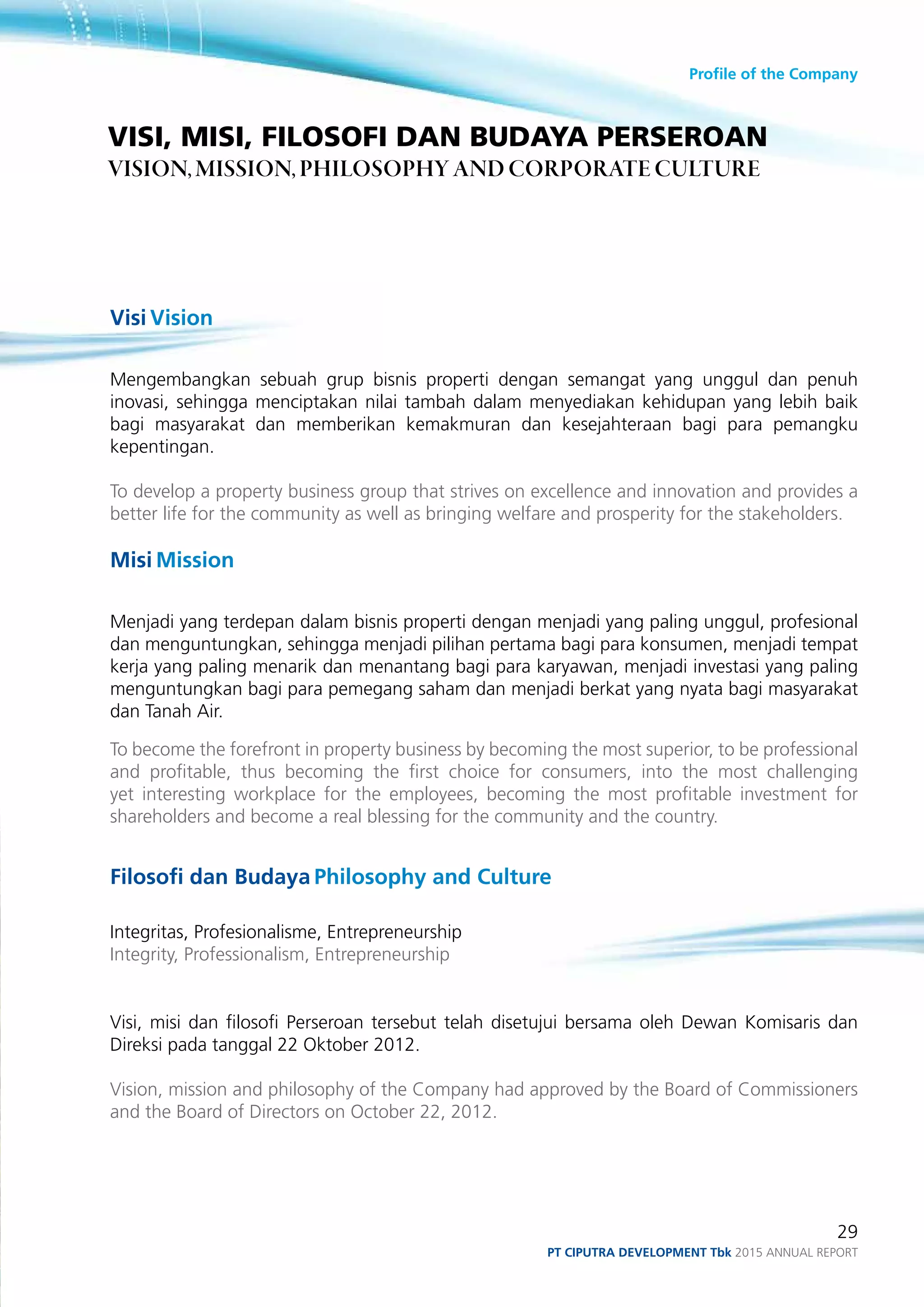 Profile of the Company
29
PT ciputra development Tbk 2015 annual report
VISI, MISI, FILOSOFI DAN BUDAYA PERSEROAN
VISION,MISSION,PHILOSOPHY AND CORPORATE CULTURE
Visi Vision
Mengembangkan sebuah grup bisnis properti dengan semangat yang unggul dan penuh
inovasi, sehingga menciptakan nilai tambah dalam menyediakan kehidupan yang lebih baik
bagi masyarakat dan memberikan kemakmuran dan kesejahteraan bagi para pemangku
kepentingan.
To develop a property business group that strives on excellence and innovation and provides a
better life for the community as well as bringing welfare and prosperity for the stakeholders.
Misi Mission
Menjadi yang terdepan dalam bisnis properti dengan menjadi yang paling unggul, profesional
dan menguntungkan, sehingga menjadi pilihan pertama bagi para konsumen, menjadi tempat
kerja yang paling menarik dan menantang bagi para karyawan, menjadi investasi yang paling
menguntungkan bagi para pemegang saham dan menjadi berkat yang nyata bagi masyarakat
dan Tanah Air.
To become the forefront in property business by becoming the most superior, to be professional
and profitable, thus becoming the first choice for consumers, into the most challenging
yet interesting workplace for the employees, becoming the most profitable investment for
shareholders and become a real blessing for the community and the country.
Filosofi dan Budaya Philosophy and Culture
Integritas, Profesionalisme, Entrepreneurship
Integrity, Professionalism, Entrepreneurship
Visi, misi dan filosofi Perseroan tersebut telah disetujui bersama oleh Dewan Komisaris dan
Direksi pada tanggal 22 Oktober 2012.
Vision, mission and philosophy of the Company had approved by the Board of Commissioners
and the Board of Directors on October 22, 2012.
 