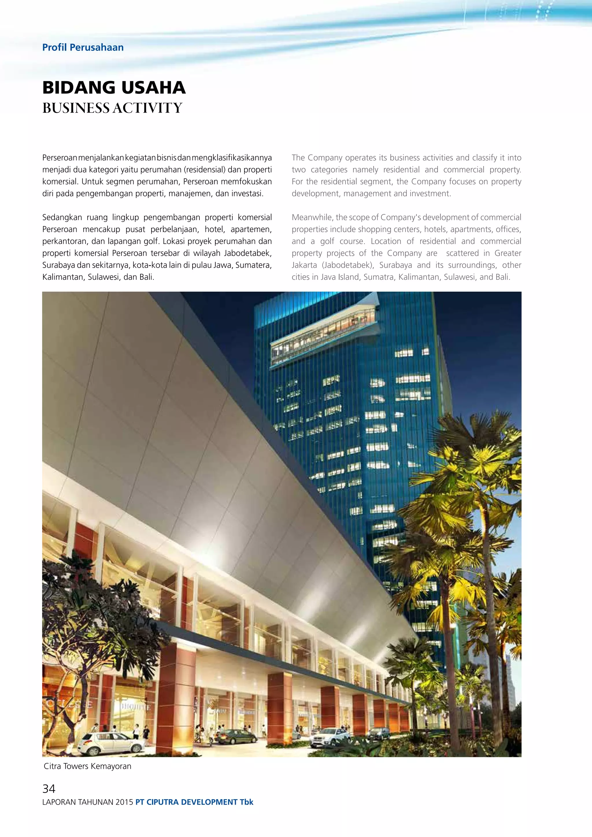 Profil Perusahaan
34
Laporan Tahunan 2015 PT ciputra development Tbk
bidang usaha
business activity
Perseroanmenjalankankegiatanbisnisdanmengklasifikasikannya
menjadi dua kategori yaitu perumahan (residensial) dan properti
komersial. Untuk segmen perumahan, Perseroan memfokuskan
diri pada pengembangan properti, manajemen, dan investasi.
Sedangkan ruang lingkup pengembangan properti komersial
Perseroan mencakup pusat perbelanjaan, hotel, apartemen,
perkantoran, dan lapangan golf. Lokasi proyek perumahan dan
properti komersial Perseroan tersebar di wilayah Jabodetabek,
Surabaya dan sekitarnya, kota-kota lain di pulau Jawa, Sumatera,
Kalimantan, Sulawesi, dan Bali.
The Company operates its business activities and classify it into
two categories namely residential and commercial property.
For the residential segment, the Company focuses on property
development, management and investment.
Meanwhile, the scope of Company's development of commercial
properties include shopping centers, hotels, apartments, offices,
and a golf course. Location of residential and commercial
property projects of the Company are scattered in Greater
Jakarta (Jabodetabek), Surabaya and its surroundings, other
cities in Java Island, Sumatra, Kalimantan, Sulawesi, and Bali.
Citra Towers Kemayoran
 