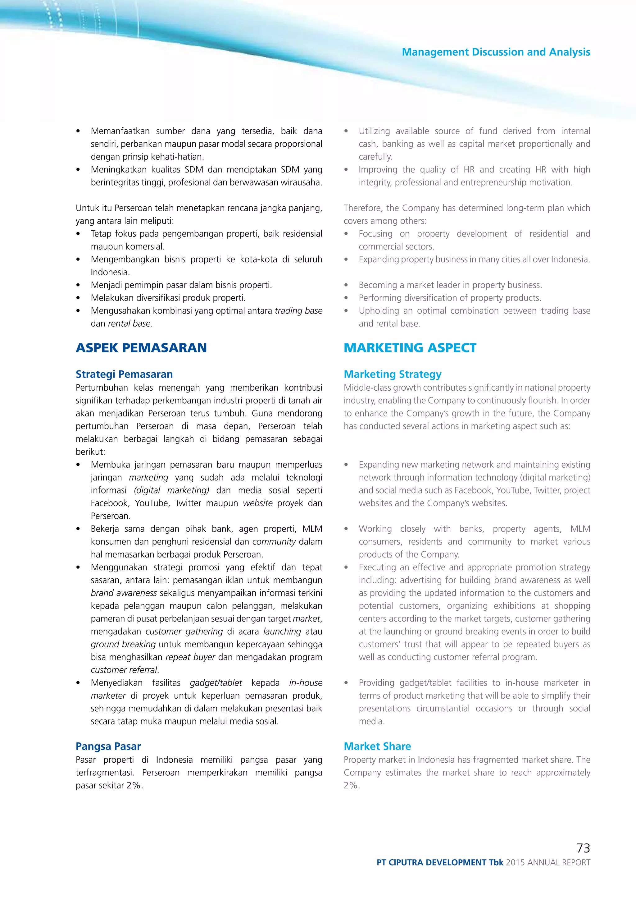 Management Discussion and Analysis
73
PT ciputra development Tbk 2015 annual report
•	 Memanfaatkan sumber dana yang tersedia, baik dana
sendiri, perbankan maupun pasar modal secara proporsional
dengan prinsip kehati-hatian.
•	 Meningkatkan kualitas SDM dan menciptakan SDM yang
berintegritas tinggi, profesional dan berwawasan wirausaha.
Untuk itu Perseroan telah menetapkan rencana jangka panjang,
yang antara lain meliputi:
•	 Tetap fokus pada pengembangan properti, baik residensial
maupun komersial.
•	 Mengembangkan bisnis properti ke kota-kota di seluruh
Indonesia.
•	 Menjadi pemimpin pasar dalam bisnis properti.
•	 Melakukan diversifikasi produk properti.
•	 Mengusahakan kombinasi yang optimal antara trading base
dan rental base.
Aspek Pemasaran
Strategi Pemasaran
Pertumbuhan kelas menengah yang memberikan kontribusi
signifikan terhadap perkembangan industri properti di tanah air
akan menjadikan Perseroan terus tumbuh. Guna mendorong
pertumbuhan Perseroan di masa depan, Perseroan telah
melakukan berbagai langkah di bidang pemasaran sebagai
berikut:
•	 Membuka jaringan pemasaran baru maupun memperluas
jaringan marketing yang sudah ada melalui teknologi
informasi (digital marketing) dan media sosial seperti
Facebook, YouTube, Twitter maupun website proyek dan
Perseroan.
•	 Bekerja sama dengan pihak bank, agen properti, MLM
konsumen dan penghuni residensial dan community dalam
hal memasarkan berbagai produk Perseroan.
•	 Menggunakan strategi promosi yang efektif dan tepat
sasaran, antara lain: pemasangan iklan untuk membangun
brand awareness sekaligus menyampaikan informasi terkini
kepada pelanggan maupun calon pelanggan, melakukan
pameran di pusat perbelanjaan sesuai dengan target market,
mengadakan customer gathering di acara launching atau
ground breaking untuk membangun kepercayaan sehingga
bisa menghasilkan repeat buyer dan mengadakan program
customer referral.
•	 Menyediakan fasilitas gadget/tablet kepada in-house
marketer di proyek untuk keperluan pemasaran produk,
sehingga memudahkan di dalam melakukan presentasi baik
secara tatap muka maupun melalui media sosial.
Pangsa Pasar
Pasar properti di Indonesia memiliki pangsa pasar yang
terfragmentasi. Perseroan memperkirakan memiliki pangsa
pasar sekitar 2%.
• 	 Utilizing available source of fund derived from internal
cash, banking as well as capital market proportionally and
carefully.
• 	 Improving the quality of HR and creating HR with high
integrity, professional and entrepreneurship motivation.
Therefore, the Company has determined long-term plan which
covers among others:
•	 Focusing on property development of residential and
commercial sectors.
• 	 Expanding property business in many cities all over Indonesia.
• 	 Becoming a market leader in property business.
• 	 Performing diversification of property products.
• 	 Upholding an optimal combination between trading base
and rental base.
Marketing Aspect
Marketing Strategy
Middle-class growth contributes significantly in national property
industry, enabling the Company to continuously flourish. In order
to enhance the Company’s growth in the future, the Company
has conducted several actions in marketing aspect such as:
•	 Expanding new marketing network and maintaining existing
network through information technology (digital marketing)
and social media such as Facebook, YouTube, Twitter, project
websites and the Company’s websites.
•	 Working closely with banks, property agents, MLM
consumers, residents and community to market various
products of the Company.
•	 Executing an effective and appropriate promotion strategy
including: advertising for building brand awareness as well
as providing the updated information to the customers and
potential customers, organizing exhibitions at shopping
centers according to the market targets, customer gathering
at the launching or ground breaking events in order to build
customers’ trust that will appear to be repeated buyers as
well as conducting customer referral program.
•	 Providing gadget/tablet facilities to in-house marketer in
terms of product marketing that will be able to simplify their
presentations circumstantial occasions or through social
media.
Market Share
Property market in Indonesia has fragmented market share. The
Company estimates the market share to reach approximately
2%.
 