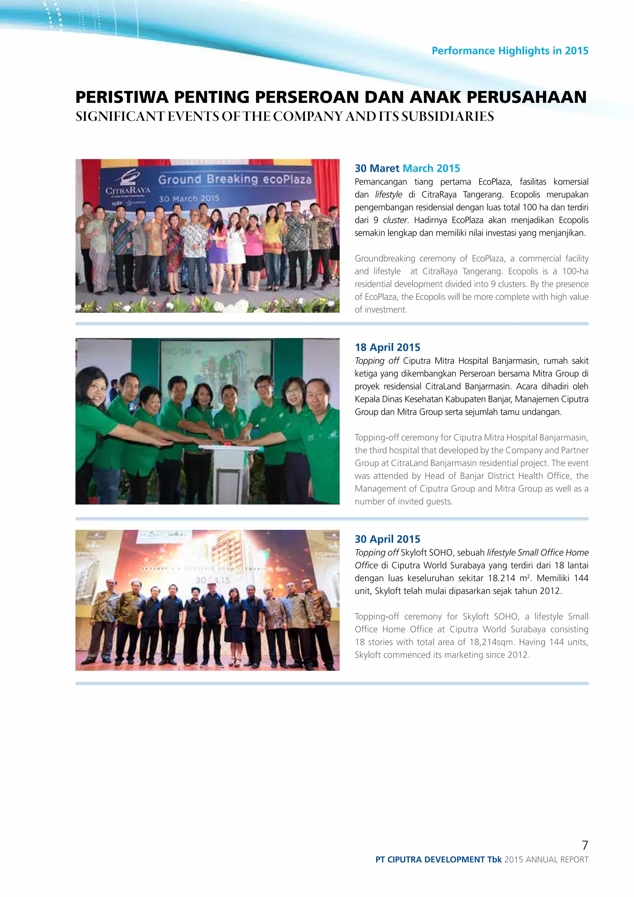 Performance Highlights in 2015
7
PT ciputra development Tbk 2015 annual report
Peristiwa Penting Perseroan dan Anak Perusahaan
Significant Events of the Company and its subsidiaries
30 Maret March 2015
Pemancangan tiang pertama EcoPlaza, fasilitas komersial
dan lifestyle di CitraRaya Tangerang. Ecopolis merupakan
pengembangan residensial dengan luas total 100 ha dan terdiri
dari 9 cluster. Hadirnya EcoPlaza akan menjadikan Ecopolis
semakin lengkap dan memiliki nilai investasi yang menjanjikan.
Groundbreaking ceremony of EcoPlaza, a commercial facility
and lifestyle at CitraRaya Tangerang. Ecopolis is a 100-ha
residential development divided into 9 clusters. By the presence
of EcoPlaza, the Ecopolis will be more complete with high value
of investment.
18 April 2015
Topping off Ciputra Mitra Hospital Banjarmasin, rumah sakit
ketiga yang dikembangkan Perseroan bersama Mitra Group di
proyek residensial CitraLand Banjarmasin. Acara dihadiri oleh
Kepala Dinas Kesehatan Kabupaten Banjar, Manajemen Ciputra
Group dan Mitra Group serta sejumlah tamu undangan.
Topping-off ceremony for Ciputra Mitra Hospital Banjarmasin,
the third hospital that developed by the Company and Partner
Group at CitraLand Banjarmasin residential project. The event
was attended by Head of Banjar District Health Office, the
Management of Ciputra Group and Mitra Group as well as a
number of invited guests.
30 April 2015
Topping off Skyloft SOHO, sebuah lifestyle Small Office Home
Office di Ciputra World Surabaya yang terdiri dari 18 lantai
dengan luas keseluruhan sekitar 18.214 m2
. Memiliki 144
unit, Skyloft telah mulai dipasarkan sejak tahun 2012.
Topping-off ceremony for Skyloft SOHO, a lifestyle Small
Office Home Office at Ciputra World Surabaya consisting
18 stories with total area of 18,214sqm. Having 144 units,
Skyloft commenced its marketing since 2012.
 