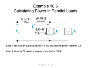 Example 10.6
Calculating Power in Parallel Loads
Load 1 absorbs an average power of 8 kW at a leading power factor of 0.8.
Load 2 absorbs 20 kVA at a lagging power factor of 0.6.
1
ECE 201 Circuit Theory 1
 